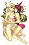  absurdres ar_tonelico ar_tonelico_ii ass asymmetrical_docking barefoot bird_of_paradise blonde_hair blue_hair breast_press breasts casual_one-piece_swimsuit chroche_latel_pastalie cleavage feet flower full_body hair_flower hair_ornament halterneck hibiscus highres holding_hands hug interlocked_fingers kneeling large_breasts leg_between_thighs legs long_hair looking_back luca_truelywaath multiple_girls nagi_ryou navel official_art one-piece_swimsuit pink_swimsuit purple_eyes smile swimsuit white_swimsuit yellow_eyes yuri 