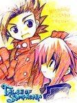  blue_eyes brown_eyes brown_hair hand_on_head lloyd_irving oekaki pink_hair presea_combatir short_hair tales_of_(series) tales_of_symphonia 