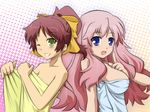  baka_to_test_to_shoukanjuu barokkusu blue_eyes breasts brown_hair flat_chest green_eyes grin hair_ribbon himeji_mizuki large_breasts long_hair multiple_girls naked_towel one_eye_closed pink_hair ponytail ribbon shimada_minami smile towel 