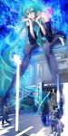  aqua_eyes aqua_hair bare_shoulders black_legwear building detached_sleeves giantess hatsune_miku highres hologram long_hair md5_mismatch real_world_location solo tanupo thighhighs tokyo_(city) very_long_hair vocaloid 