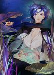  afloat bad_id bad_pixiv_id blue_eyes blue_hair blue_scarf collarbone flower highres kaito looking_at_viewer lotus male_focus nishi_(ainshaie) partially_submerged petals scarf solo vocaloid water 