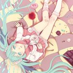  aqua_eyes aqua_hair bad_id bad_pixiv_id bandaid bandaid_on_knee cake candy checkered checkered_floor chocolate food from_above hatsune_miku kayei_nou legs lips long_hair looking_up lots_of_laugh_(vocaloid) macaron muffin pastry school_uniform sitting skirt socks solo twintails very_long_hair vocaloid 
