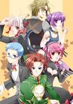  3girls asbel_lhant bad_id bad_pixiv_id blue_eyes blue_hair brown_eyes brown_hair cheria_barnes cleavage_cutout fuji_shoku gradient_hair green_shirt heart heart_cutout highres hubert_ozwell malik_caesars multicolored_hair multiple_boys multiple_girls pascal pink_hair purple_hair red_hair shirt sophie_(tales) tales_of_(series) tales_of_graces two_side_up white_hair yellow_background 