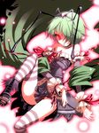  antennae bare_shoulders bodice boots bug centipede cross-laced_footwear dark_persona dress elbow_gloves fireflies gloves glowing glowing_eyes green_hair hair_over_one_eye insect kumadano lying on_back princess_wriggle red_eyes short_hair smile solo strapless strapless_dress striped striped_legwear thighhighs touhou wriggle_nightbug wrist_cuffs 