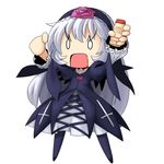  bottle chibi dress hairband long_hair musashino_udon o_o open_mouth rozen_maiden silver_hair solo suigintou wings yakult 