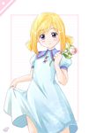  alicia_florence aria blonde_hair blue_dress blush_stickers dress dress_lift flower holding jjapse purple_eyes short_twintails signature smile solo twintails watermark younger 