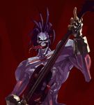  black_sclera blue_hair blue_skin electric_guitar fingerless_gloves gloves glowing glowing_eyes guitar highres instrument long_tongue male_focus middle_finger muscle shihou_(g-o-s) shirtless solo spiked_hair tongue vampire_(game) yellow_eyes zabel_zarock zombie 