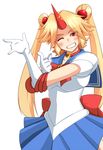  back_bow bishoujo_senshi_sailor_moon blonde_hair blue_sailor_collar blue_skirt bow choker cosplay double_bun elbow_gloves gloves harukana_(pixiv) horn hoshiguma_yuugi long_hair magical_girl one_eye_closed parody red_bow red_choker red_eyes sailor_collar sailor_moon sailor_moon_(cosplay) sailor_senshi_uniform skirt solo touhou tsuki_ni_kawatte_oshioki_yo twintails white_gloves 