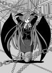  arms_behind_head arms_up bat_wings blouse book breasts chain commentary_request greyscale head_wings highres kneeling koakuma large_breasts long_hair monochrome nagi_(pixiv119941) no_nose one_eye_closed pantyhose pencil_skirt skirt smile solo touhou very_long_hair wings 