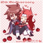  blush brown_hair eyes_closed fang headband kratos_aurion lowres male male_focus open_mouth red_eyes red_hair redhead short_hair tales_of_(series) tales_of_symphonia tears tomato zelos_wilder 