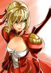  blonde_hair breasts cleavage epaulettes fate/extra fate_(series) from_above green_eyes medium_breasts nana_g nero_claudius_(fate) nero_claudius_(fate)_(all) solo 