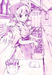  animal_ears bottle food_stand graphite_(medium) grill japanese_clothes monochrome mystia_lorelei okamisty short_hair sketch sleeves_rolled_up solo tasuki touhou traditional_media vent_arbre wings yatai 