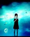  bad_id bad_pixiv_id black_eyes black_hair fish highres jellyfish original school_uniform serafuku solo standing tamayo twintails water 