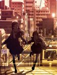  arm_holding building car cityscape commentary glasses ground_vehicle highres inumaru_(sougen_no_marogoya) legs motor_vehicle multiple_girls original running scarf scenery school_uniform streetcar twilight 