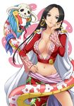  black_hair blue_eyes boa_hancock breasts cape cleavage earrings epaulettes hand_on_hip jewelry large_breasts long_hair no_bra one_piece salome_(one_piece) seven_(11) skull snake 
