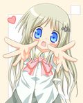  bad_id bad_pixiv_id blonde_hair blue_eyes bow ebisuke fang foreshortening heart little_busters! long_hair noumi_kudryavka outstretched_arms outstretched_hand pink_bow reaching school_uniform solo 