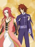  blue_eyes brown_eyes brown_hair fingerless_gloves gloves hand_holding headband kratos_aurion long_hair open_mouth red_hair redhead short_hair tales_of_(series) tales_of_symphonia zelos_wilder 