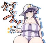  breasts casual_one-piece_swimsuit cleavage crescent huge_breasts ogata_hiro one-piece_swimsuit patchouli_knowledge plump purple_eyes purple_hair ribbon solo sweat swimsuit touhou v 