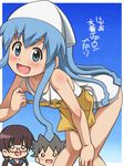  1boy 2girls aizawa_takeru awa blue_eyes blue_hair brown_hair ikamusume multiple_girls sakura_kiyomi shinryaku!_ikamusume swimsuit tentacle_hair white_swimsuit 