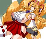  1girl animal_ears areola areola_slip areolae blonde blonde_hair breasts detached_sleeves dress female fox fox_ears fox_tail gigantic_breasts hair_ornament highres izuna_(shinrabanshou) japanese_clothes long_breasts long_hair multiple_tails nipple_slip nipples no_bra shinrabanshou shirt sideboob skirt solo tail thighhighs umigaras umigarasu_(magipro) white_legwear white_thighhighs 