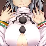  breasts cleavage cleavage_cutout close-up head_out_of_frame huge_breasts japanese_clothes kariginu mononobe_no_futo open_clothes open_shirt shirt silver_hair smile solo tori_(minamopa) touhou underboob_cutout upper_body 