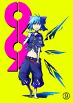  1girl alternate_costume belt blue_eyes blue_hair buttons cirno food highres melting pocket popsicle sharp_teeth shorts solo sukoburu_maeda teeth touhou wings 