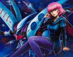  arm_support blue_eyes cape gundam gundam_zz haman_karn head_tilt mecha oil_painting_(medium) pantyhose pink_hair qubeley space tafuto traditional_media zeta_gundam 