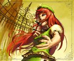 beret blue_eyes braid fingernails floating_hair foreshortening frame from_below gate hand_on_own_chest hands hat higashiyama_hayato hong_meiling long_hair red_hair short_sleeves slit_pupils solo star touhou twin_braids 