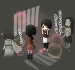  amakura_mayu amakura_mio black_hair blood blush chibi closed_eyes dress fatal_frame fatal_frame_2 flat_color ghost hagino_chiyoko heart japanese_clothes kimono kurosawa_sae long_hair lowres multiple_girls obi red_string sash short_hair siblings sisters skirt string sudou_miyako twins 