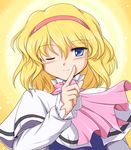  alice_margatroid blonde_hair blue_eyes capelet flx hairband one_eye_closed short_hair smile solo touhou upper_body 