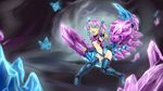  armor boots fang flat_chest genderswap genderswap_(mtf) gradient_hair highres league_of_legends multicolored_hair nam_(valckiry) open_mouth personification pink scorpion_girl scorpion_tail skarner solo tail thigh_boots thighhighs twintails yellow_eyes 