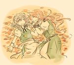  autumn blush hong_meiling izayoi_sakuya leaf lying multiple_girls on_back ponke sketch smile touhou yuri 
