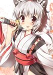  :p animal_ears bad_id bad_pixiv_id blush hat inubashiri_momiji japanese_clothes kourindou_tengu_costume no_bra obi over_shoulder sash short_hair silver_hair smile solo sword tail takashiru tokin_hat tongue tongue_out touhou upper_body weapon wolf_ears wolf_tail 