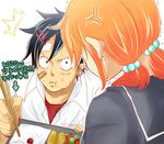  agehay angry band_aid bandaid black_hair chiroru_shimai chopsticks earrings eating eatting female food jewelry monkey_d_luffy nami nami_(one_piece) one_piece orange_hair scar surprised translation_request 