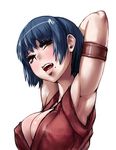  arm_up armlet armpits blue_hair blush breasts cleavage japanese_clothes large_breasts mole mole_under_mouth original red_eyes sgk short_hair simple_background solo 