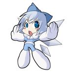  blue_eyes blush_stickers bow chibi cirno commentary fairy fairy_wings full_body gloves hair_bow iceman parody rockman solo spike_wible touhou transparent_background white_hair wings 