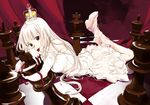  albino bare_shoulders chess_piece chessboard chocolate crown dengeki_hime dress elbow_gloves gloves high_heels legs_up long_hair looking_at_viewer lying maino_saki mouth_hold on_stomach oversized_object princess red_eyes ribbon shoes solo takeshima_satoshi tsukumodo_kottouten white_dress white_gloves white_hair 