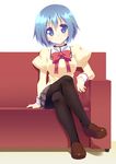  arm_support black_legwear blue_eyes blue_hair crossed_legs highres hoppege loafers mahou_shoujo_madoka_magica miki_sayaka pantyhose plaid plaid_skirt school_uniform shoes sitting skirt smile solo 