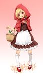  apple apron basket blonde_hair blue_door blush dress female food fruit highres hood little_red_riding_hood little_red_riding_hood_(character) little_red_riding_hood_(grimm) mary_janes nail_polish open_mouth original red_eyes shoes short_hair smile solo 