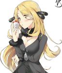  blonde_hair blush breasts cleavage derivative_work holding holding_poke_ball large_breasts long_hair poke_ball poke_ball_(generic) pokemon pokemon_(game) pokemon_dppt shirona_(pokemon) simple_background solo yellow_eyes 