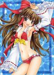  adapted_costume aoi_yuuka_(ao_no_kokoro) arm_up armpits bikini blush bow breasts brown_eyes brown_hair cleavage covered_nipples detached_sleeves frills grey_eyes hair_bow hair_ribbon hair_tubes hakurei_reimu long_hair marker_(medium) medium_breasts navel red_bikini revealing_clothes ribbon sideboob smile solo swimsuit touhou traditional_media 