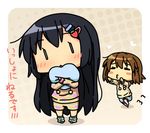  =_= alternate_hairstyle black_hair blush_stickers brown_hair chibi hair_down hair_ornament hairclip hirasawa_yui k-on! k10k long_hair loungewear multiple_girls nakano_azusa o3o pajamas pillow translated |_| 