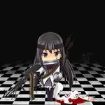  akemi_homura ammunition_belt arrow bipod blood bullet_hole checkered checkered_floor derivative_work gun headband knife kyubey long_hair machine_gun mahou_shoujo_madoka_magica mouth_hold shield tr-6 vertical_foregrip weapon when_you_see_it 