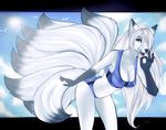  canine clothed clothing female fluff fox fur hair hair_over_eye lens_flare long_hair looking_at_viewer mammal multiple_tails navel overboob rafflone red_eyes roxanne_(character) skimpy solo tail white_fur white_hair 