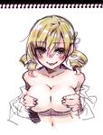  :p blonde_hair breasts brown_eyes covering covering_breasts drill_hair hair_ornament large_breasts long_hair mahou_shoujo_madoka_magica nude simple_background solo takanashi_ringo tomoe_mami tongue tongue_out twin_drills twintails 