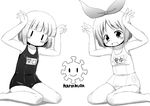  annaka_haruna arms_up greyscale hairband monochrome multiple_girls muu_rian nichijou one-piece_swimsuit school_swimsuit sekiguchi_yuria short_hair sitting swimsuit wariza 