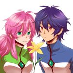  1girl black_hair brown_eyes celestial_being_uniform feldt_grace flower green_eyes gundam gundam_00 michino pink_hair ponytail setsuna_f_seiei short_hair 