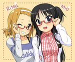  adjusting_eyewear akiyama_mio alternate_costume alternate_hairstyle arm_hug bespectacled black_hair blue_eyes breasts brown_eyes brown_hair casual dotted_line glasses grin hairband k-on! k10k long_hair medium_breasts multiple_girls nail_polish nodoka_glasses one_eye_closed open_mouth ponytail red-framed_eyewear round_teeth semi-rimless_eyewear short_hair side_ponytail small_breasts smile tainaka_ritsu teeth under-rim_eyewear 