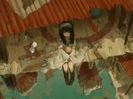  bad_id bad_pixiv_id black_hair boots cloud egg from_above green_eyes hairband hanno knee_boots long_hair looking_up original power_lines robe rooftop sitting sky solo surreal tassel teruterubouzu 