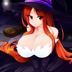  bare_shoulders breasts cleavage dragon's_crown dress hat huge_breasts long_hair red_eyes red_hair smile solo sorceress_(dragon's_crown) staff strapless strapless_dress tanpopo_hayabusa-maru witch_hat 